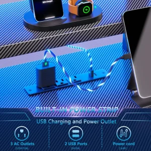 Gaming Desk with LED Lights & Power Outlet - Thumbnail Image 6