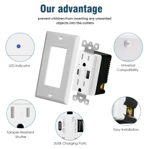 2PK Dual USB Port Type C Wall Socket with LED Indicator - Thumbnail Image 6