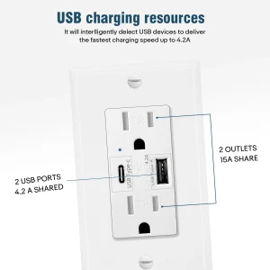 2PK Dual USB Port Type C Wall Socket with LED Indicator - Thumbnail Image 3