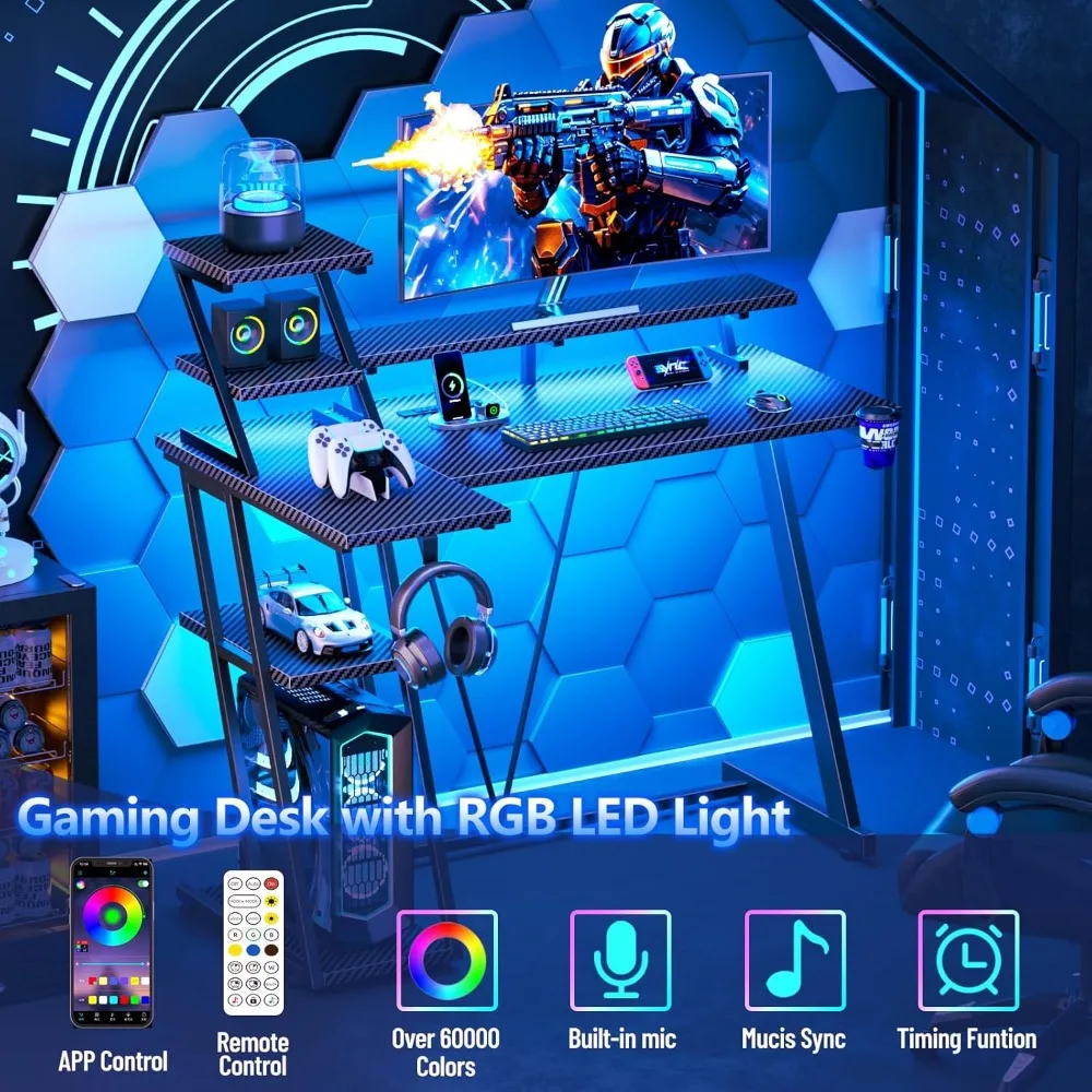 Gaming Desk with LED Lights & Power Outlet - Image 5
