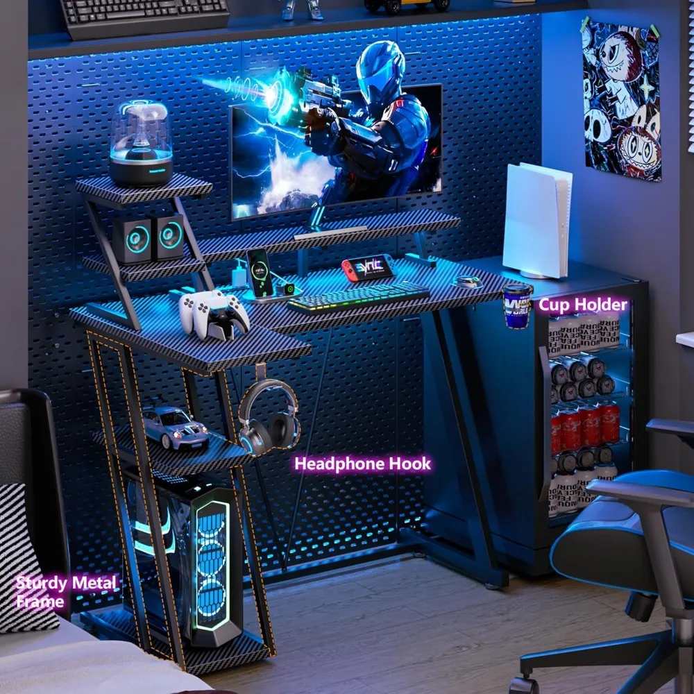 Gaming Desk with LED Lights & Power Outlet - Image 1